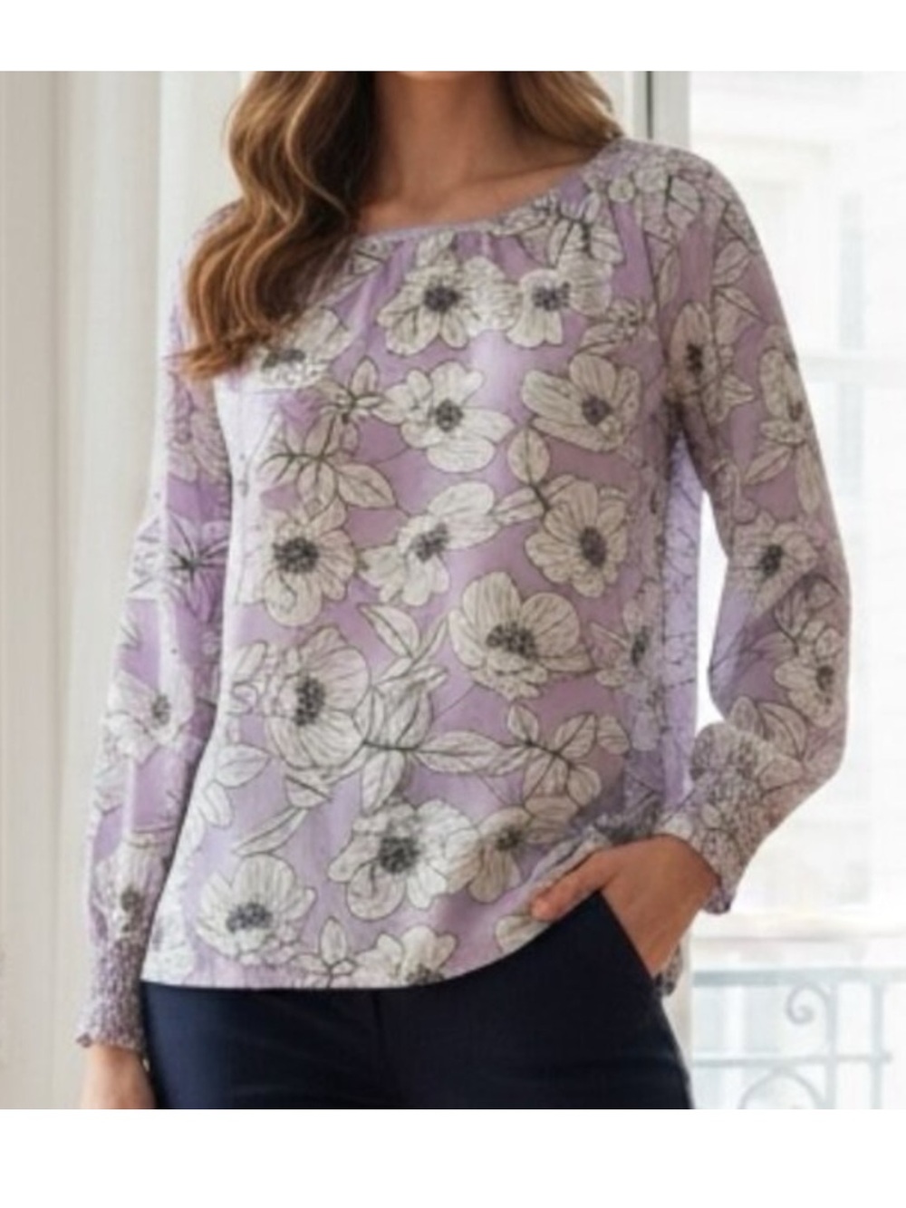 CAbi Poppy Blouse Lavender Floral Long-Sleeve Sheer Top